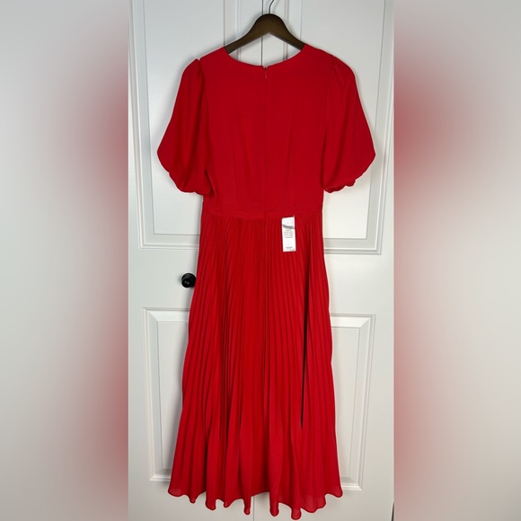 EVERNEW - Charlotte Red Puff Sleeve Pleated Midi Dress - Picture 3 of 14